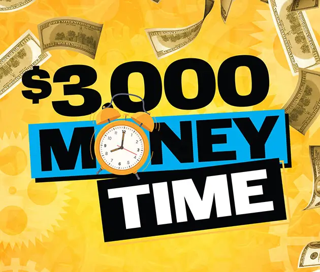 A yellow background with gears and money falling down to highlight the promo $3,000 Money Time.