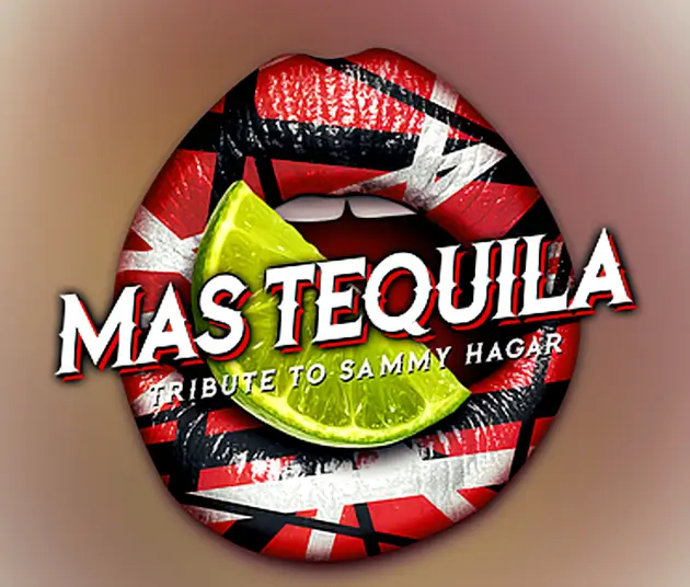 A taped up open mouth showing the top middle teeth, a slice of lime and the group name Mas Tequila.