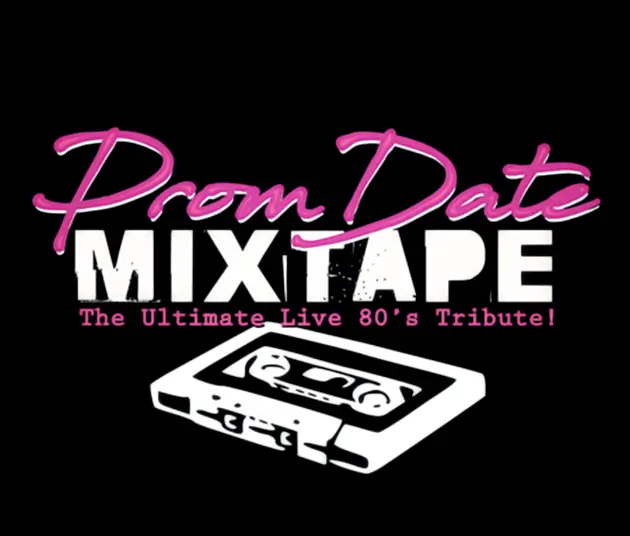 Band logo for Prom Date Mixtape with an image of a cassette and the following statement below it, "The Ultimate Live 80's Tribute."