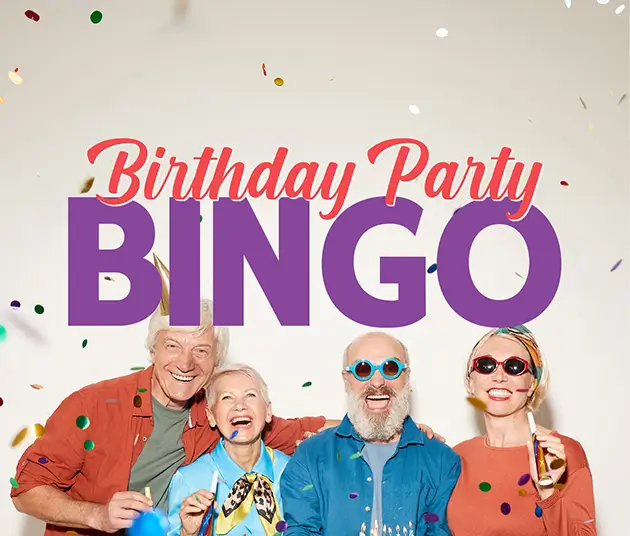 4 women and men celebrate the promotion of Birthday Party Bingo.