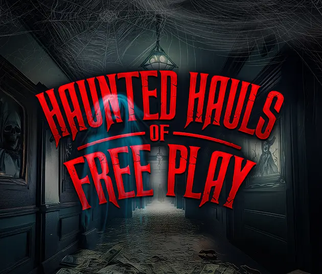 The promotional logo for Haunted Hauls of Free Play with a haunted room in the background.