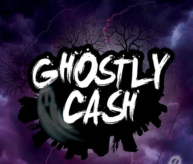 The promotional log for Ghostly Cash with lightening striking between trees and ghosts floating around.