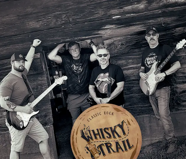 A black and white image of 4 members of the group with a brown logo that says classic rock Whisky Trail.