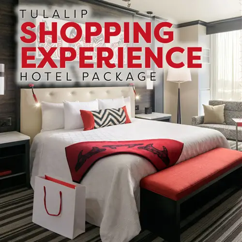 Tulalip Shopping Experience Hotel Package logo over a picture of a Tulalip hotel room with a neatly made white bed with select pops of color with red and black.