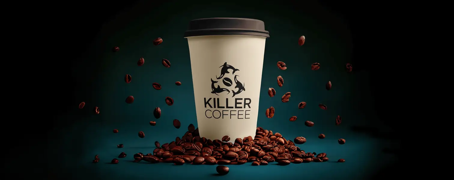 killer coffee to go cup on coffee beans