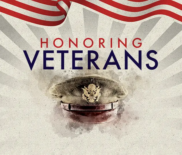 The Honoring Veterans logo highlighting a military hat and the edge of an American flag.