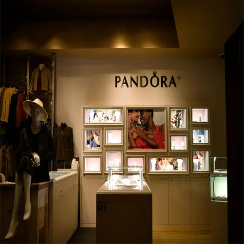 An image highlighting the Pandora wall in the boutique.